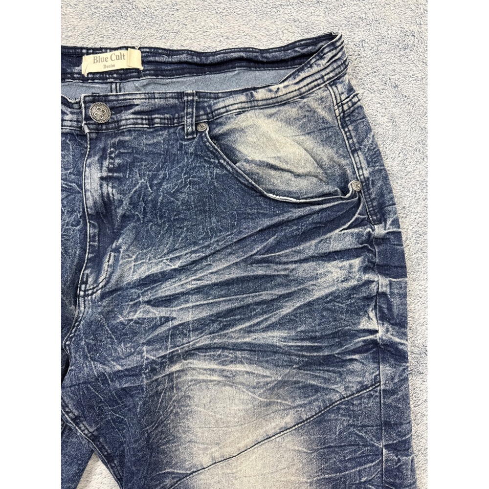 Blue Cult Mens 44 Blue Acid Wash Moto Denim Jeans Whiskered Crinkled Streetwear - Picture 6 of 16